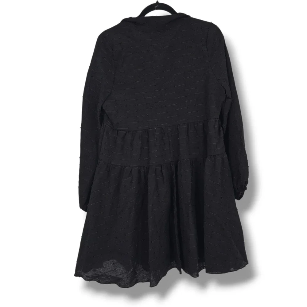 Pomander Place Black Tiered Mini Dress Long Sleeve Dobby Clip Dot Small Y19560T - Picture 2 of 11